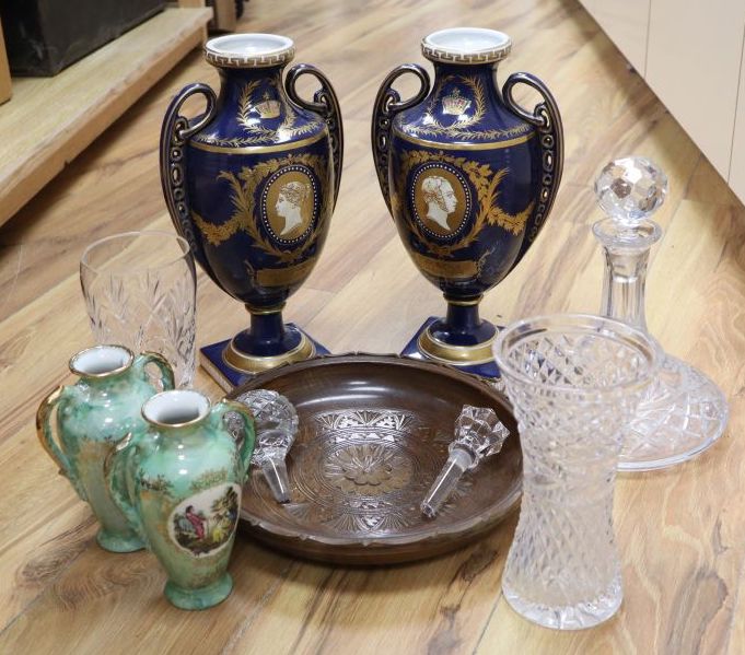 Two pairs of vases, 33cm, glassware and wood plate